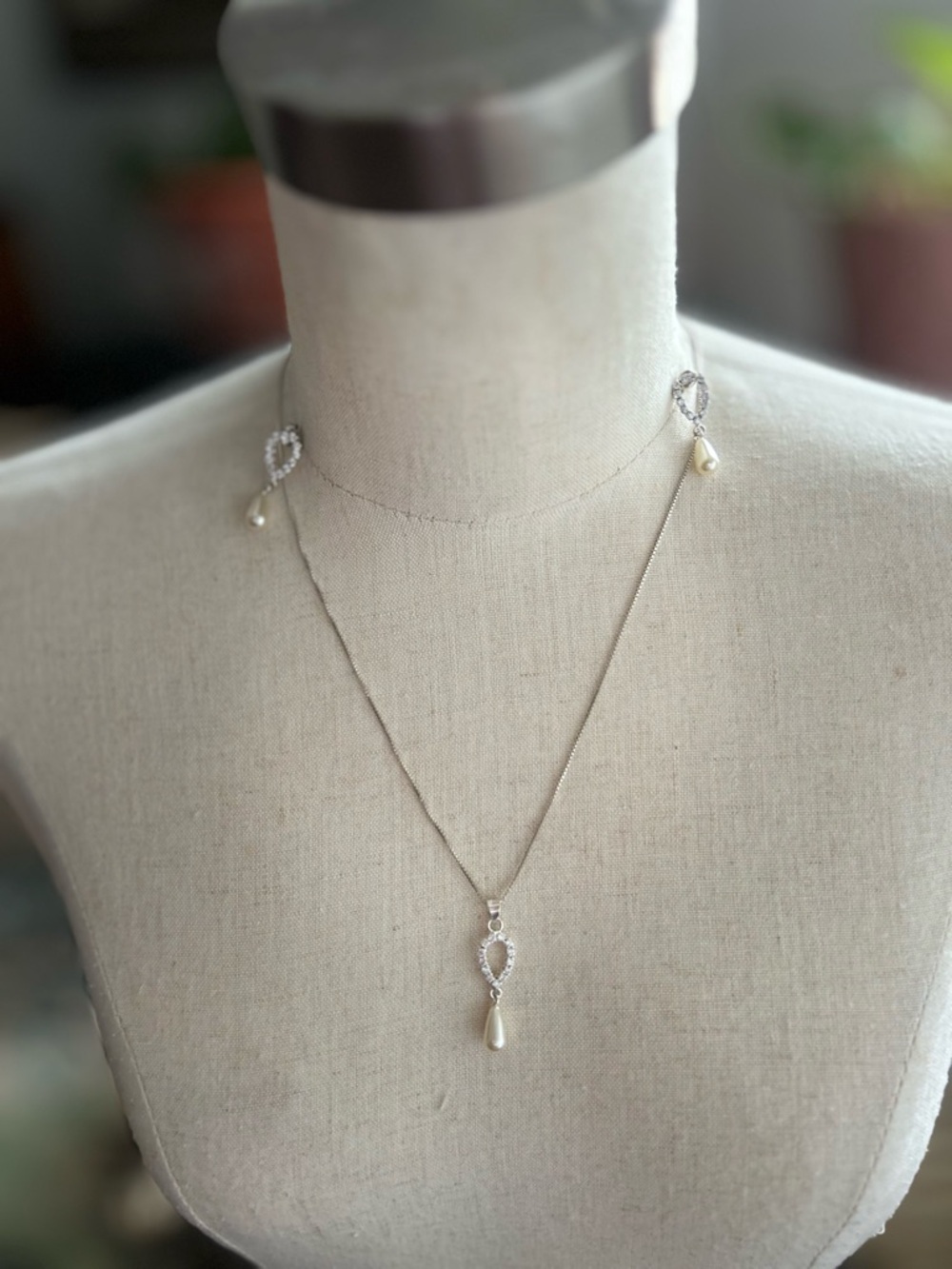 Pearl Teardrop Crystal Pendant Necklace and Earrings Set - 925 Sterling Silver